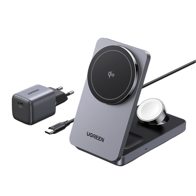 UGREEN MagFlow 3-in-1 Kabelloses Ladegerät (Qi2 15W, Faltbar, MagSafe-Kompatibel)