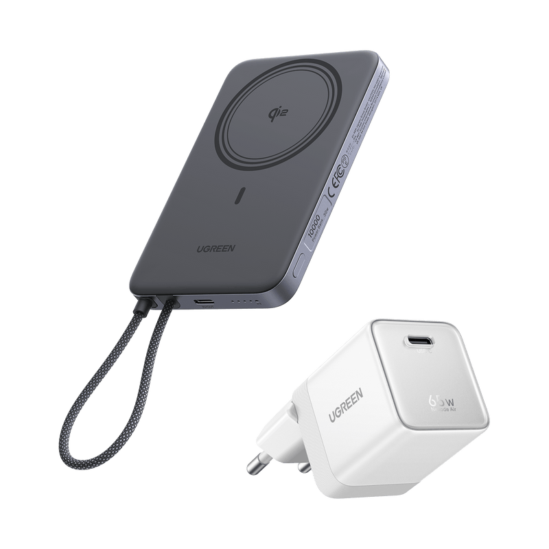 UGREEN MagFlow Air Powerbank & Nexode Air Ladegerät im Bundle (5.000 mAh / 10.000 mAh, Qi2 15 W, 65 W GaN)