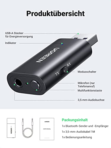 Bluetooth Sender Empfänger, 2 in 1 Bluetooth Audio Adapter Mini Portable  3,5 mm Buchse, Dual Link Sender kompatibel mit Bluetooth Audio Geräte