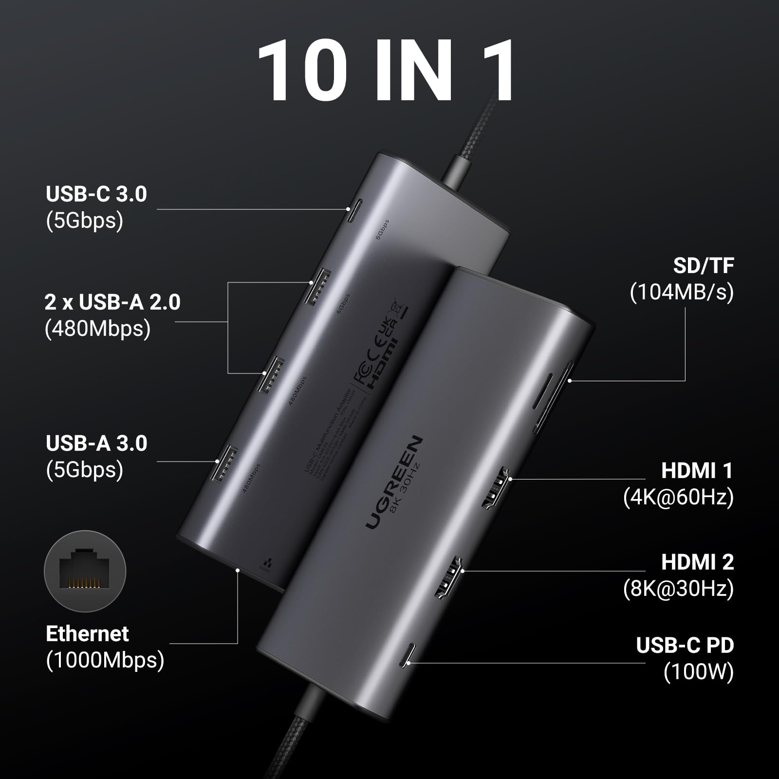 Station D'accueil USB-C UGREEN Revodok Pro 7-en-1 - DisplayPort 4K 60Hz, Ethernet Gigabit, Charge PD 100W
