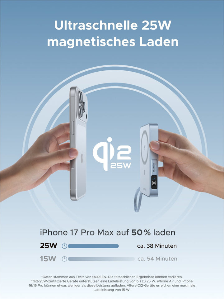 UGREEN MagFlow Magnetische Kabellose Powerbank (10000mAh, Qi2 25W, MagSafe - kompatibel) - Powerbank