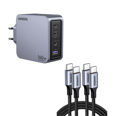 UGREEN-Set: 160 W USB-C 4-Ports Ladegerät + 100 W USB-C Ladekabel*2 (1 M)