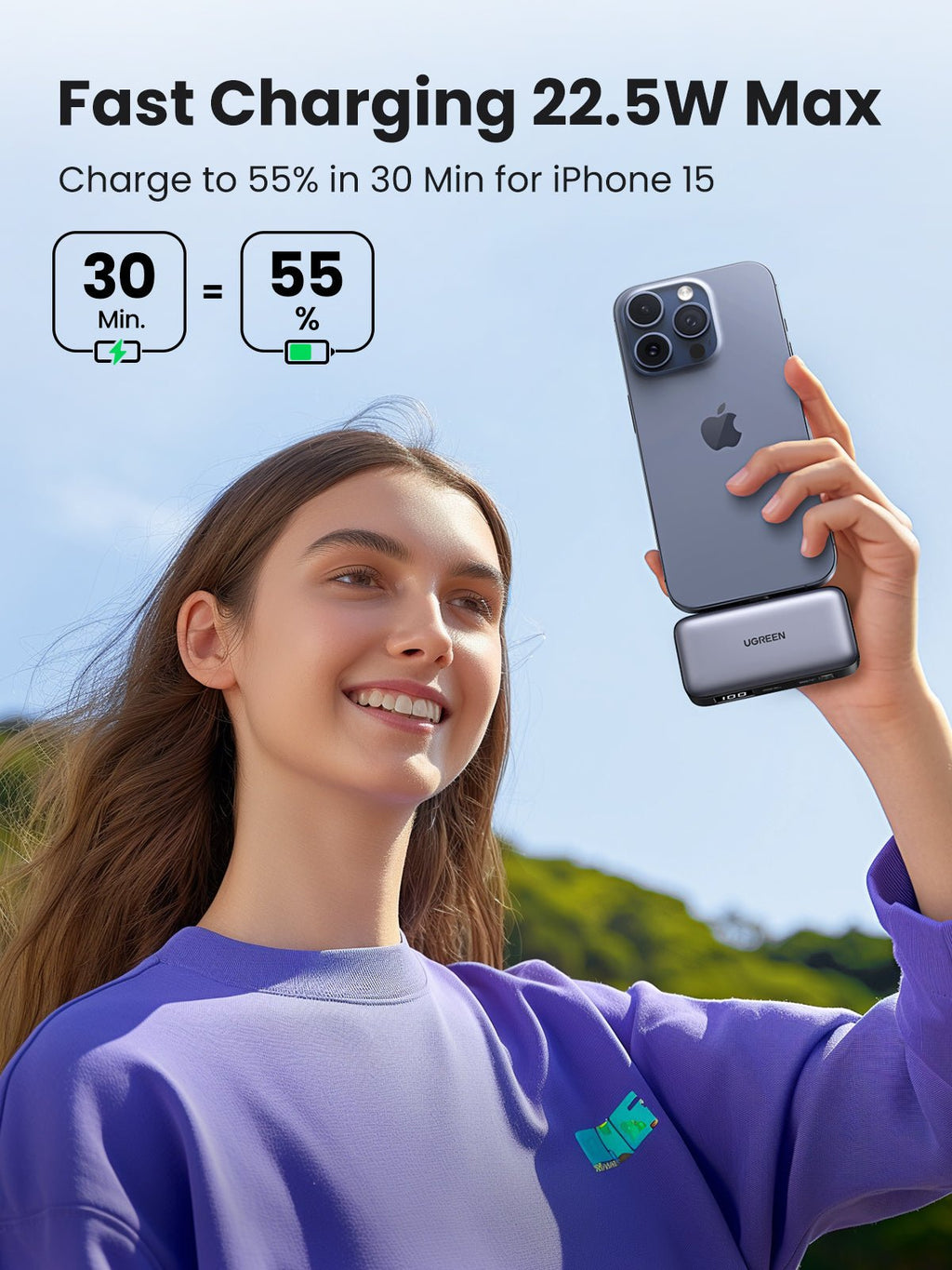 UGREEN Eingebaute USB-C Powerbank (5000mAh, 22.5W) mit LED-Anzeige