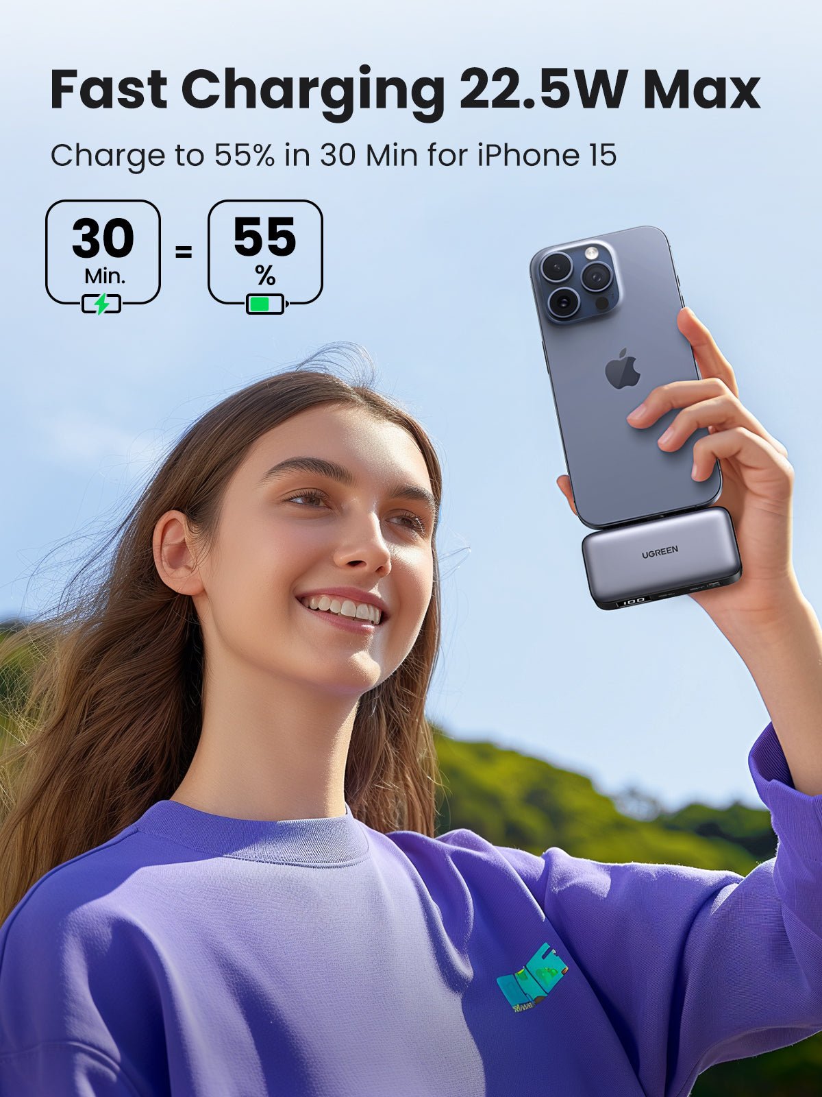 UGREEN Eingebaute USB-C Powerbank (5000mAh, 22.5W) mit LED-Anzeige