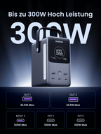 UGREEN 48000mAh 300W Tragbare Powerbank liefert als powerbank bis zu 300W Hochleistung über mehrere Anschlüsse, darunter 22.5W, 100W und 140W Ports für vielseitiges Laden.