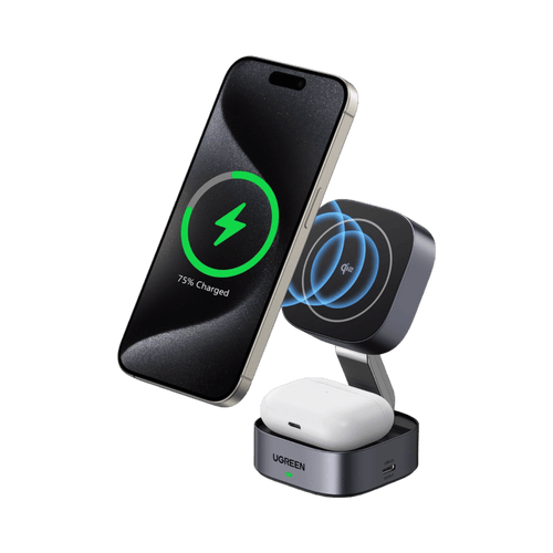 UGREEN MagFlow 2-in-1 Kabelloses Ladegerät (Qi2 15W, MagSafe, Faltbar)