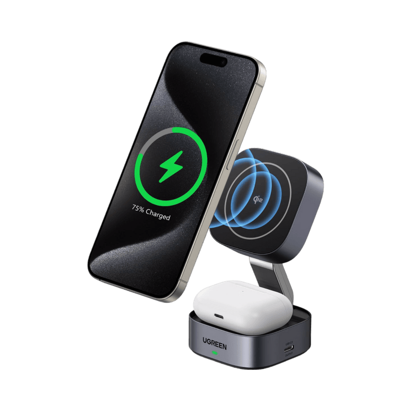 UGREEN MagFlow 2-in-1 Kabelloses Ladegerät (Qi2 15W, MagSafe-Kompatibel, Faltbar)