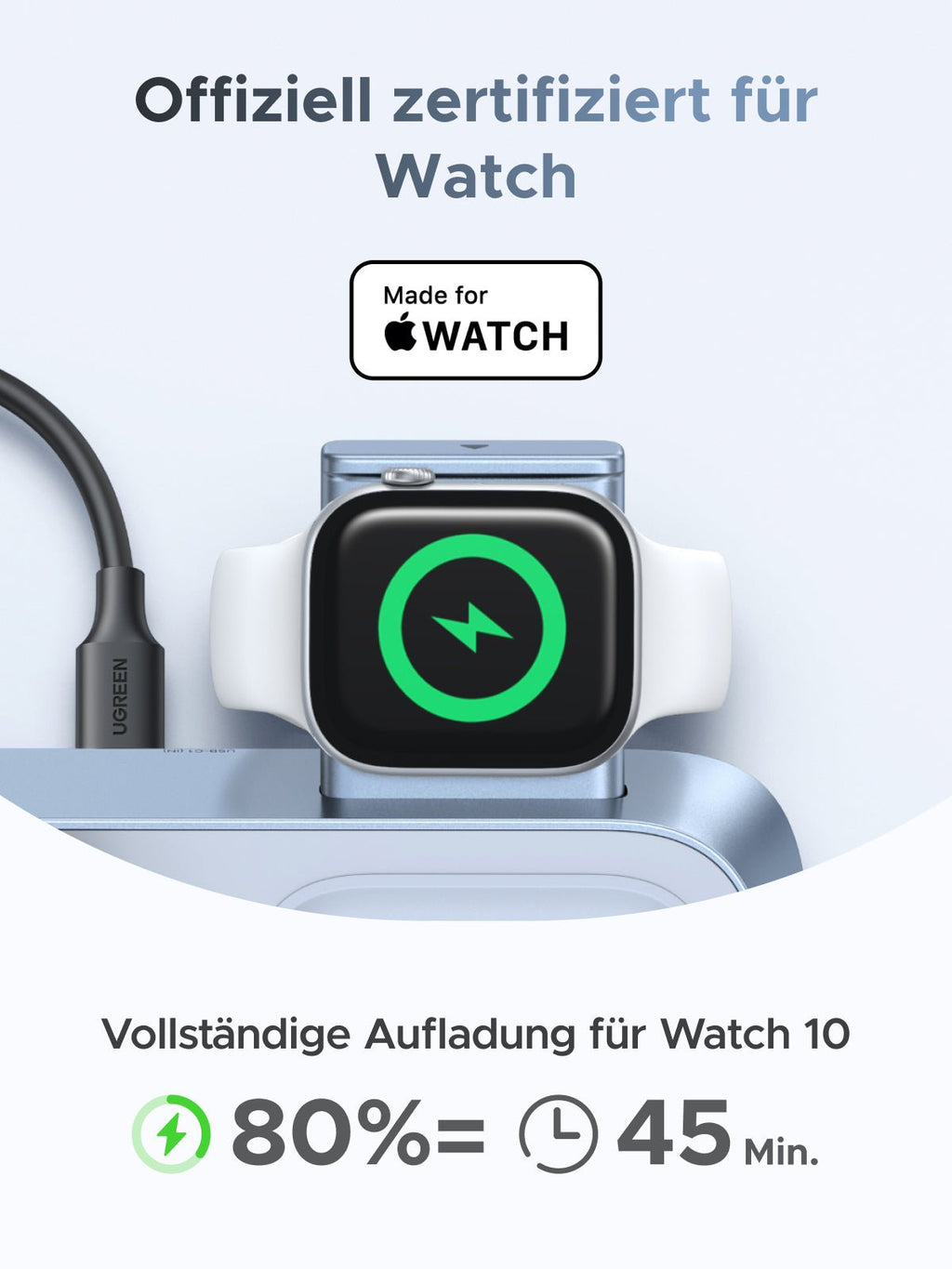 Offiziell für Apple Watch zertifiziertes UGREEN MagFlow 3-in-1 Magnetisches Kabelloses Desktop Ladegerät, ein wireless charger, der eine Watch 10 in rund 45 Minuten auf 80 % lädt