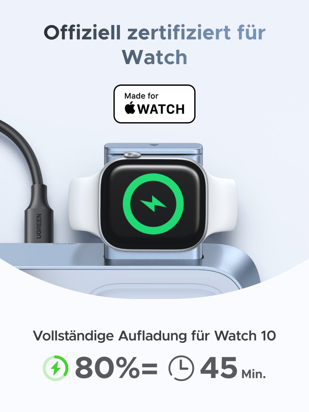 Offiziell für Apple Watch zertifiziertes UGREEN MagFlow 3-in-1 Magnetisches Kabelloses Desktop Ladegerät, ein wireless charger, der eine Watch 10 in rund 45 Minuten auf 80 % lädt
