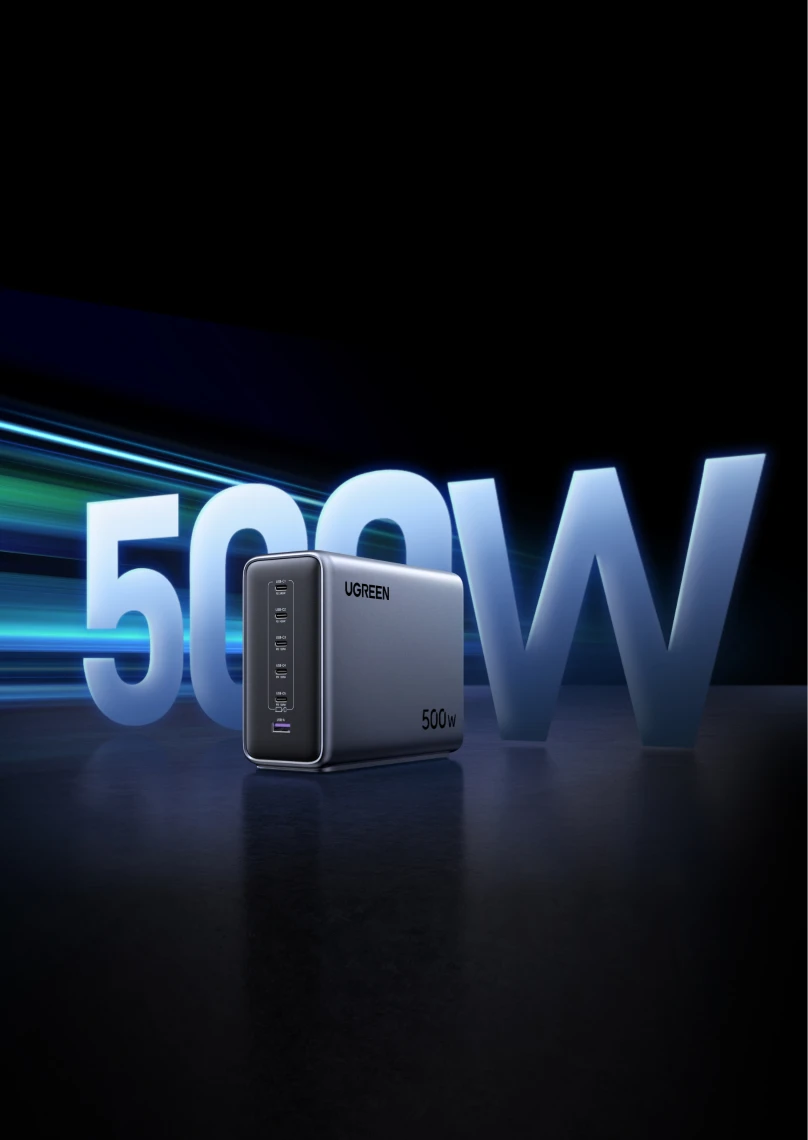 Das UGREEN Nexode 500 W 6-Port GaN Desktop Schnell-Ladegerät bietet eine beispiellose Ladeleistung als das weltweit erste 500 W GaN Desktop-Ladegerät und setzt einen neuen Standard für schnelle und effiziente Ladefähigkeiten.