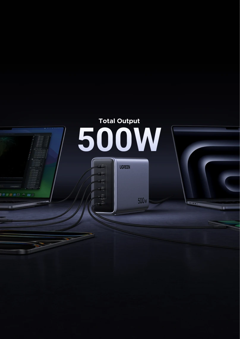 Das UGREEN Nexode 500 W 6-Port GaN Desktop Schnell-Ladegerät verfügt über 5 USB-C-Ports und 1 USB-A-Port, sodass Sie 6 Geräte gleichzeitig mit hoher Geschwindigkeit aufladen können.