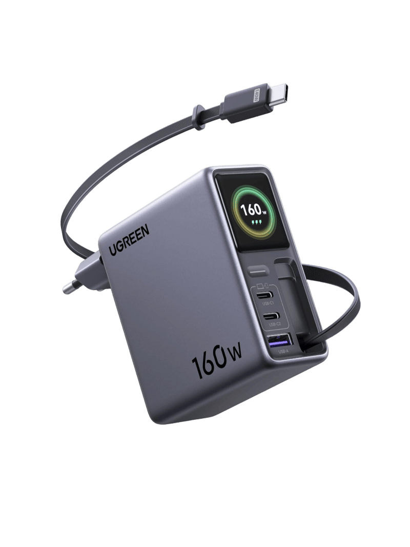 UGREEN Nexode Pro Smart-Display-Ladegerät (160 W, 4 Anschlüsse, GaN, ausziehbares Kabel, App-Steuerung)