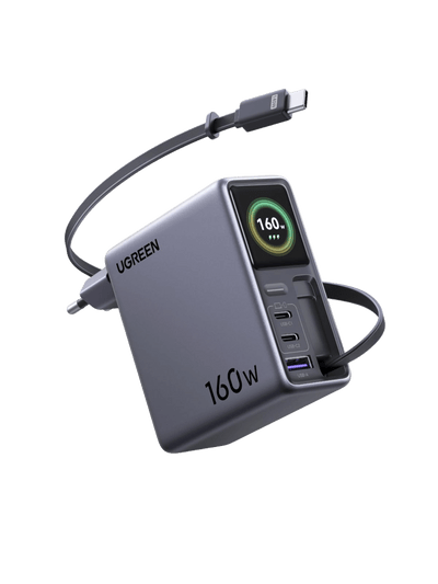 UGREEN Nexode Pro Smart-Display-Ladegerät (160 W, 4 Anschlüsse, GaN, ausziehbares Kabel, App-Steuerung)