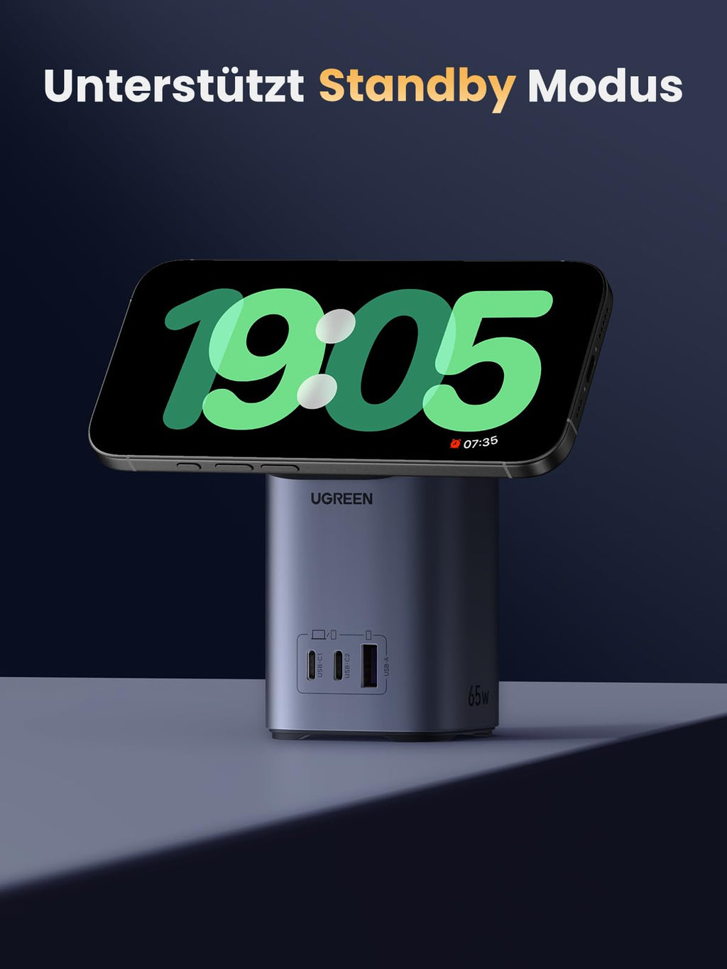 Standby-Modus-Unterstützung des UGREEN Nexode USB-C Ladegerät (65W, 4-IN-1, Qi2) mit kabellos magnetisch Ladepad für komfortables MagSafe Laden auch im neuen iPhone-Standby-Modus
