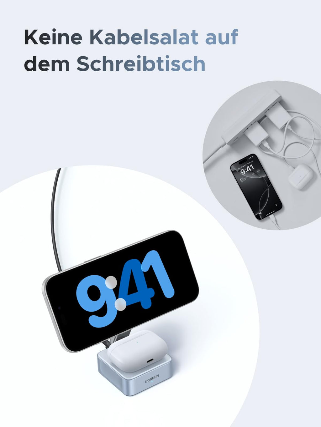 Ordentlicher Arbeitsplatz ohne Kabelsalat mit dem UGREEN MagFlow 2-in-1 Magnetisches Kabelloses Ladegerät (Qi2 25W, MagSafe-kompatibel), einem wireless charger mit MagSafe, der für ein aufgeräumtes Schreibtisch-Setup sorgt
