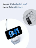 Ordentlicher Arbeitsplatz ohne Kabelsalat mit dem UGREEN MagFlow 2-in-1 Magnetisches Kabelloses Ladegerät (Qi2 25W, MagSafe-kompatibel), einem wireless charger mit MagSafe, der für ein aufgeräumtes Schreibtisch-Setup sorgt