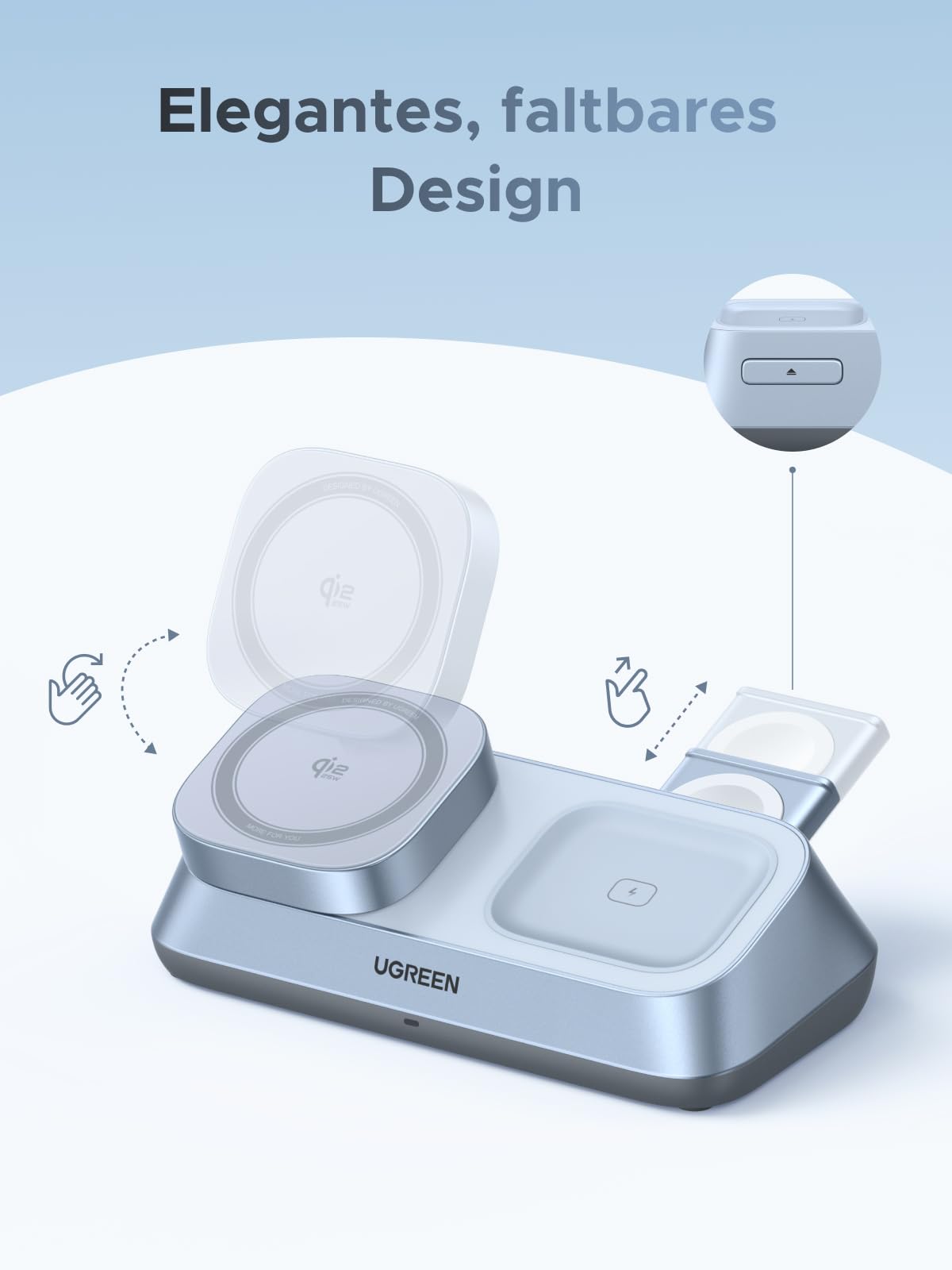 Elegantes, faltbares Design des UGREEN MagFlow 3-in-1 Magnetisches Kabelloses Desktop Ladegerät (Qi2 25W, MagSafe-kompatibel), einem wireless charger, der für flexible Nutzung auf dem Schreibtisch zusammenklappbar ist
