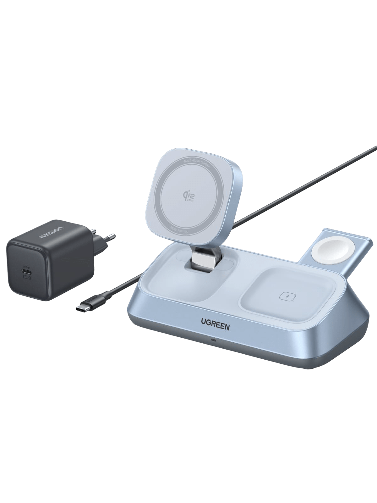UGREEN MagFlow 3 - in - 1 Magnetisches Kabelloses Desktop - Ladegerät 25W (MagSafe kompatibel) - Ladegerät