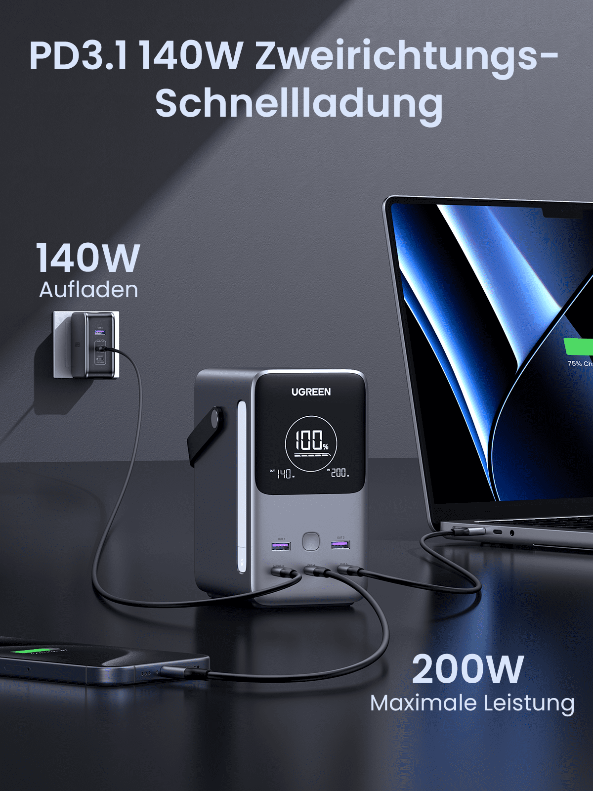 UGREEN 48000mAh 300W Tragbare Powerbank unterstützt als powerbank eine PD3.1 140W Zweirichtungs-Schnellladung für ultraschnelles Laden und Wiederaufladen.