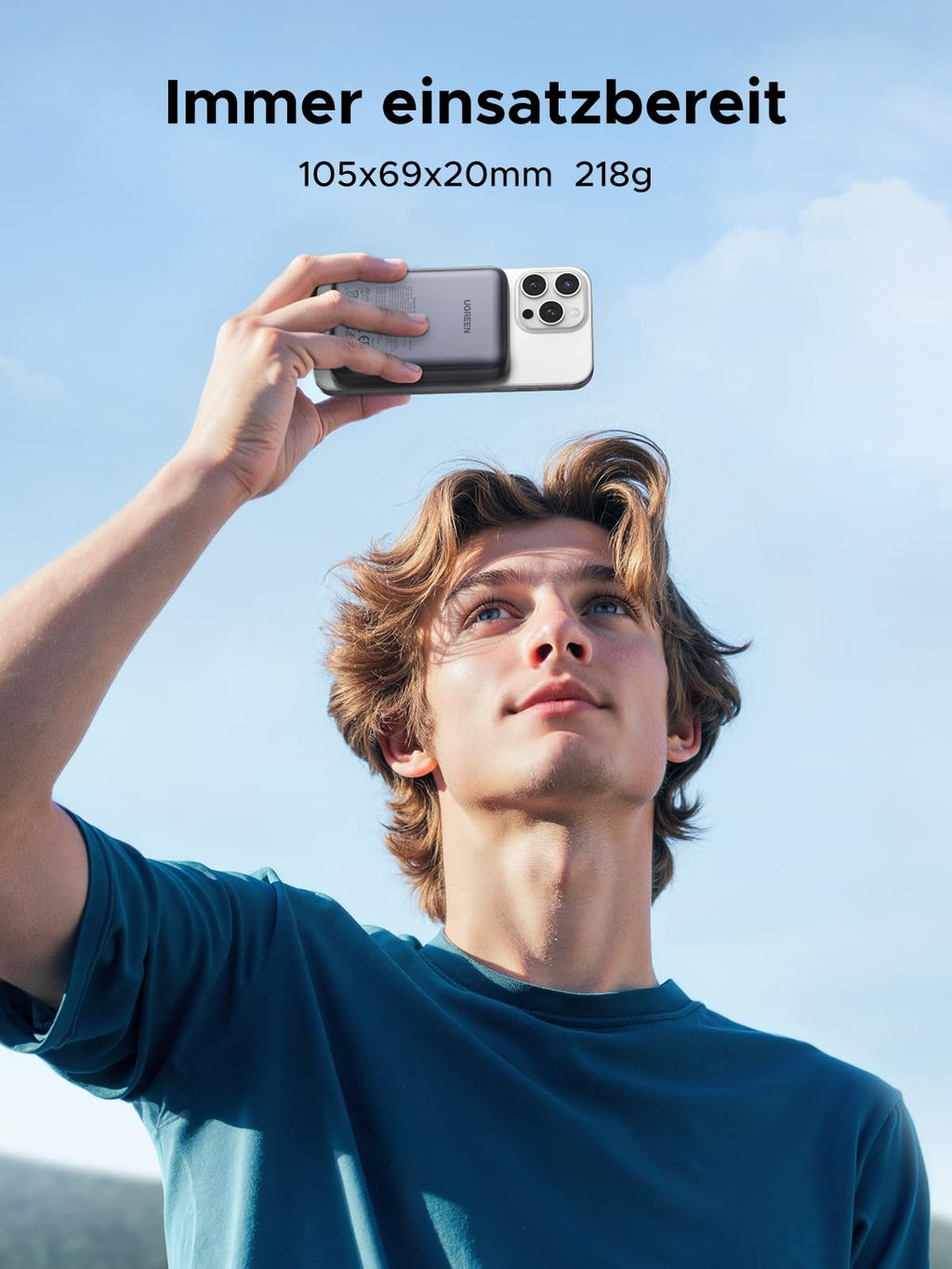 UGREEN Nexode Magnetische Kabellose Powerbank (10000mAh, 15W, MagSafe-kompatibel) ist mit kompakten Maßen von 105×69×20 mm und einem Gewicht von 218 g immer einsatzbereit und leicht zu transportieren.
