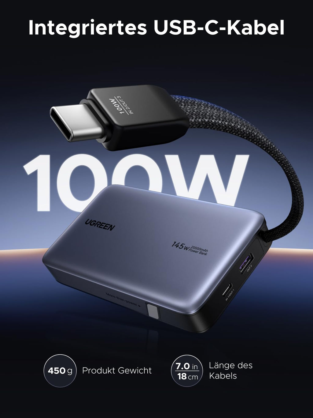UGREEN Nexode 20000mAh Powerbank mit integriertem USB-C-Kabel für bequemes Aufladen ohne zusätzliche Kabel.