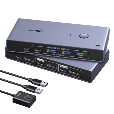 UGREEN DP 1.4 KVM-Switch (2 PCs, 1 Monitor, 4 USB 3.0, 8K@60Hz, HDR10)