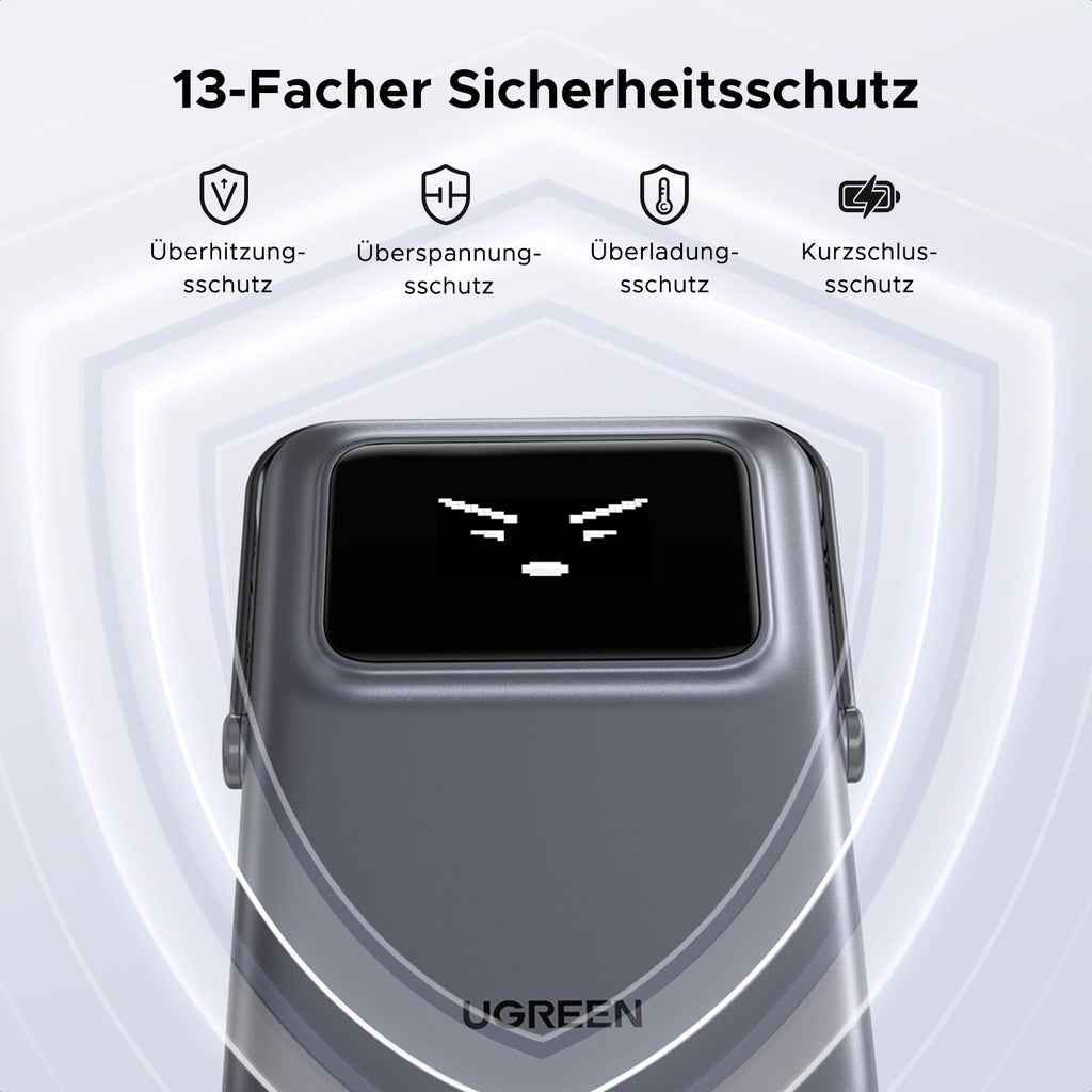 UGREEN Uno Magnetische Kabellose Powerbank (10000mAh, 7.5W, MagSafe-kompatibel) bietet 13-fachen Sicherheitsschutz mit Überhitzungs-, Überspannungs-, Überladungs- und Kurzschlussschutz für sicheres und stabiles Laden.