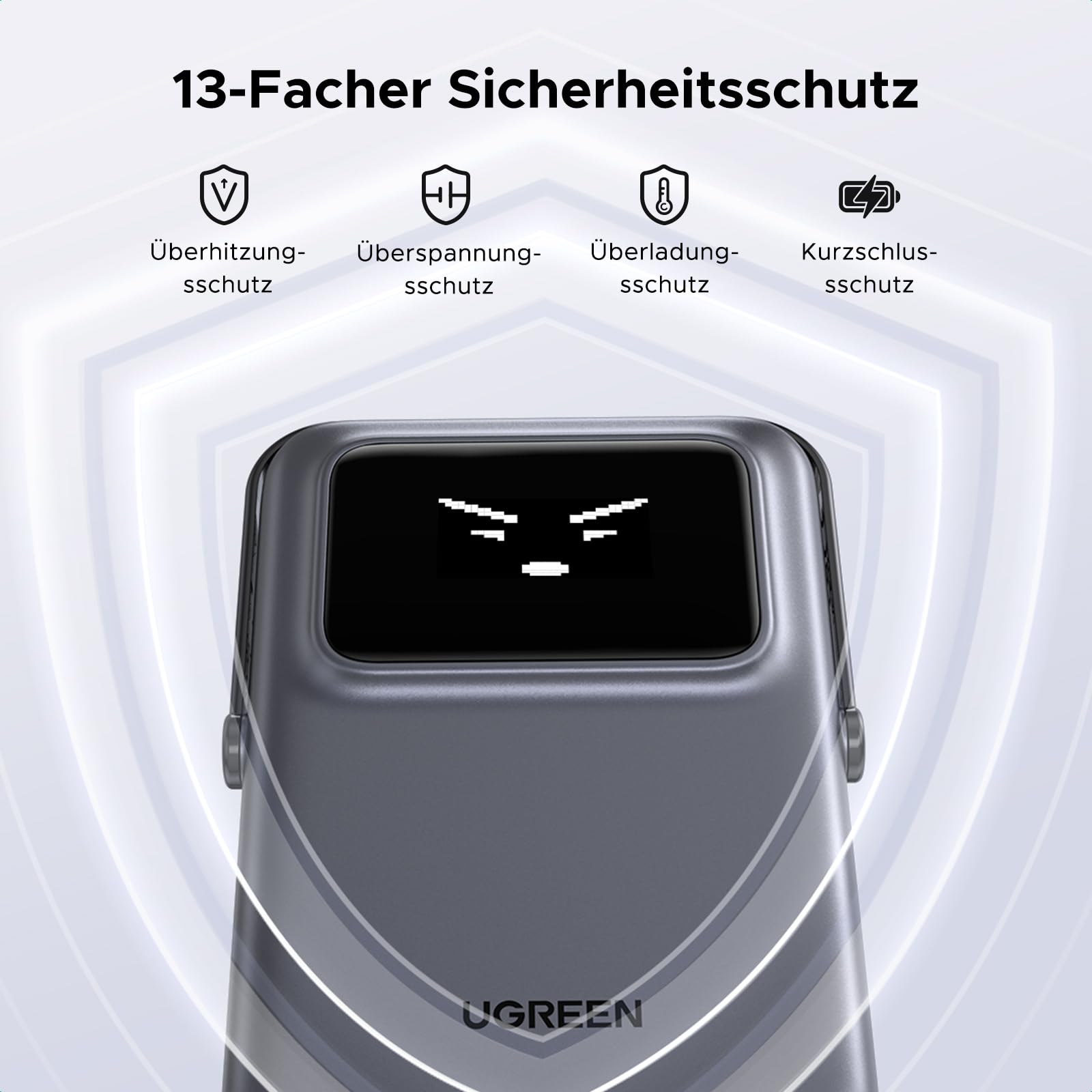 UGREEN Uno Magnetische Kabellose Powerbank (10000mAh, 7.5W, MagSafe-kompatibel) bietet 13-fachen Sicherheitsschutz mit Überhitzungs-, Überspannungs-, Überladungs- und Kurzschlussschutz für sicheres und stabiles Laden.