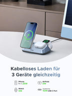 Dreifaches kabelloses Laden mit dem UGREEN MagFlow 3-in-1 Magnetisches Kabelloses Desktop Ladegerät (Qi2 25W), einem wireless charger, der bis zu 25W für iPhone, 5W für AirPods und 5W für die Watch sowie einen zusätzlichen 10W-USB-C-Port bietet