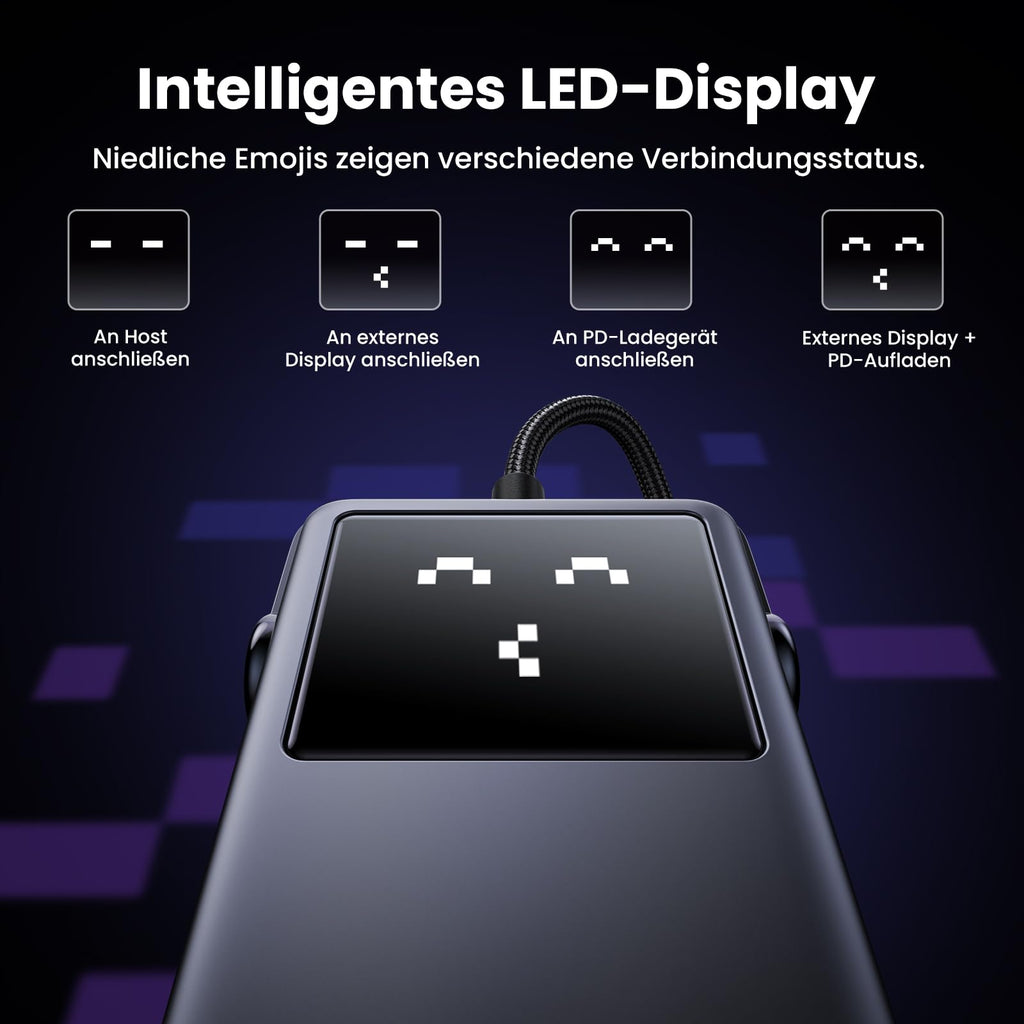 Das intelligente LED-Display der UGREEN Uno USB-C Hub dockingstation zeigt über Emoji-Symbole den aktuellen Verbindungsstatus von Host, externem Display und PD-Ladegerät übersichtlich an.