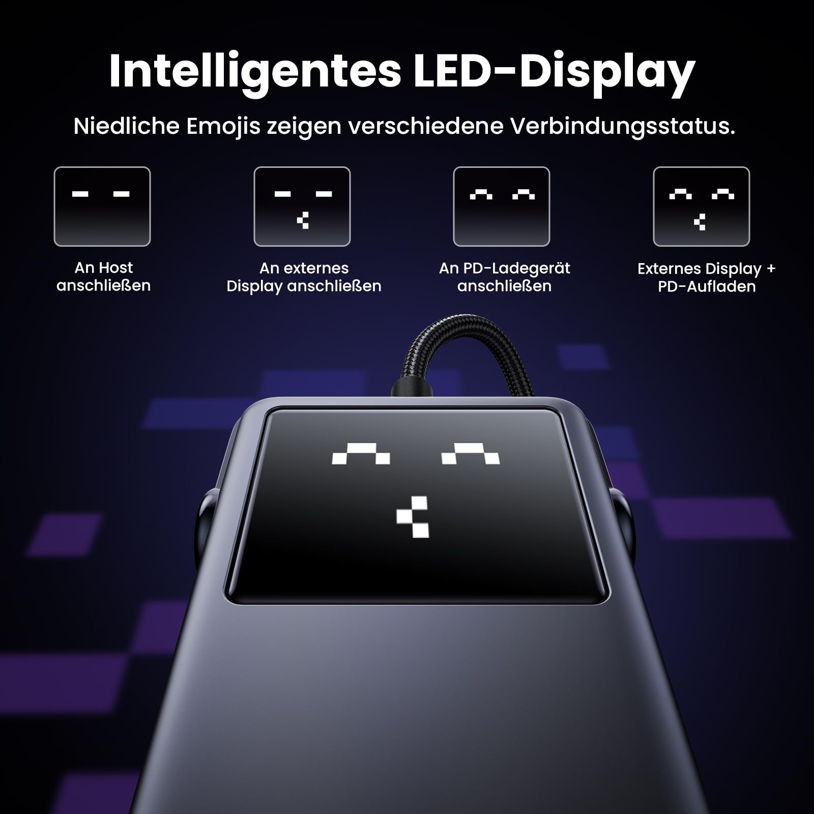 Das intelligente LED-Display der UGREEN Uno USB-C Hub dockingstation zeigt über Emoji-Symbole den aktuellen Verbindungsstatus von Host, externem Display und PD-Ladegerät übersichtlich an.