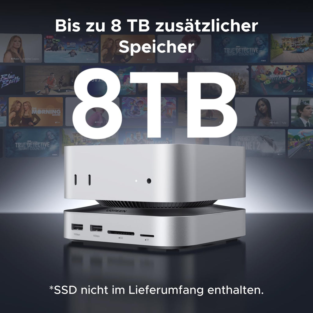 Die UGREEN Mac mini M4 Dockingstation (8K@120Hz, DisplayPort) bietet als praktischer USB-Hub die Möglichkeit, den Speicher mit einer M.2-NVMe-SSD um bis zu 8 TB zu erweitern und große Datenmengen effizient zu verwalten.