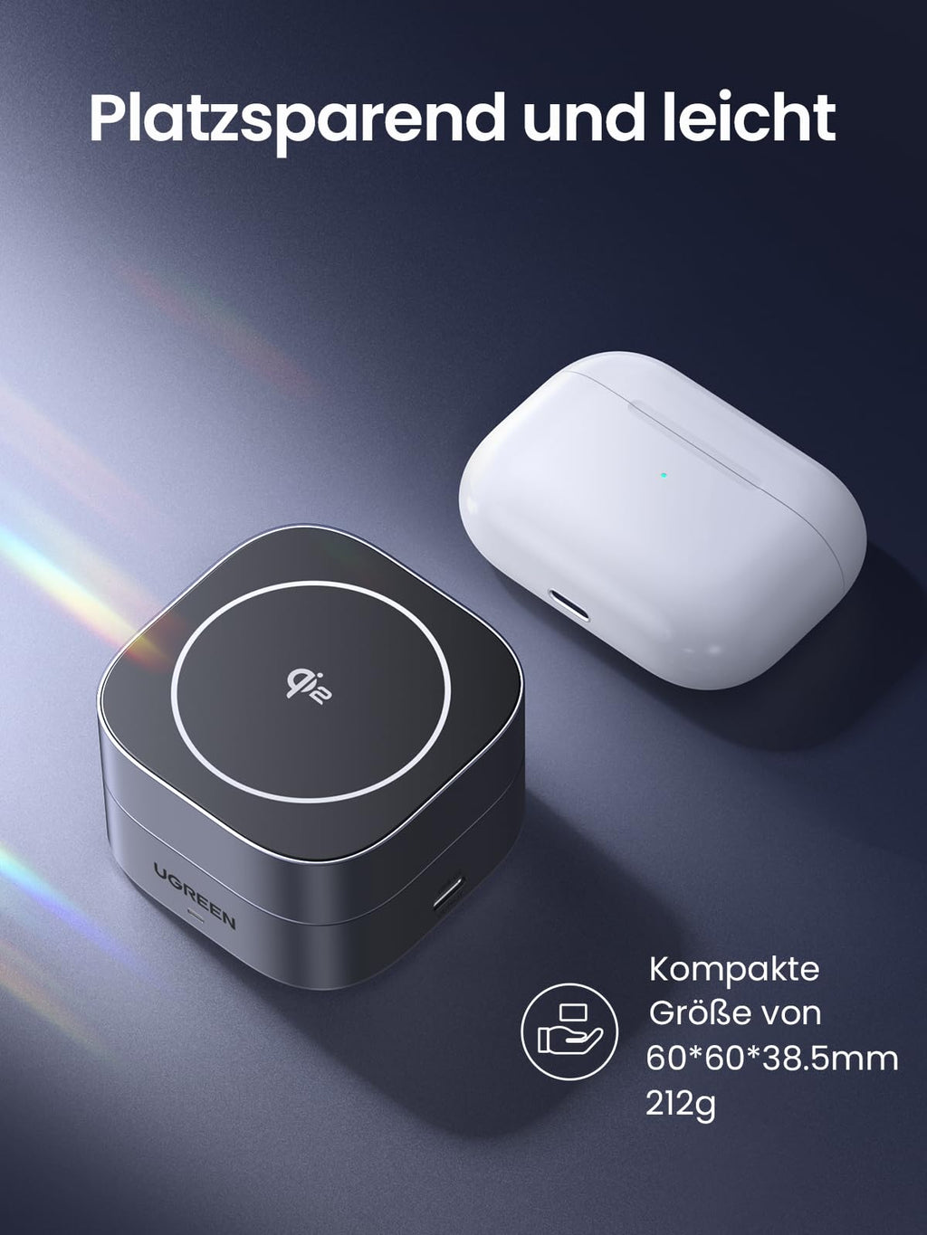 UGREEN MagFlow 2-in-1 kabelloses Ladegerät, vollständig MagSafe-kompatibel, kompakt und leicht mit 212g und Abmessungen von 60*60*38,5 mm, mit starker magnetischer Ausrichtung und Unterstützung von Qi2 15W kabellosem Laden für tragbares und praktisches Aufladen der Geräte.