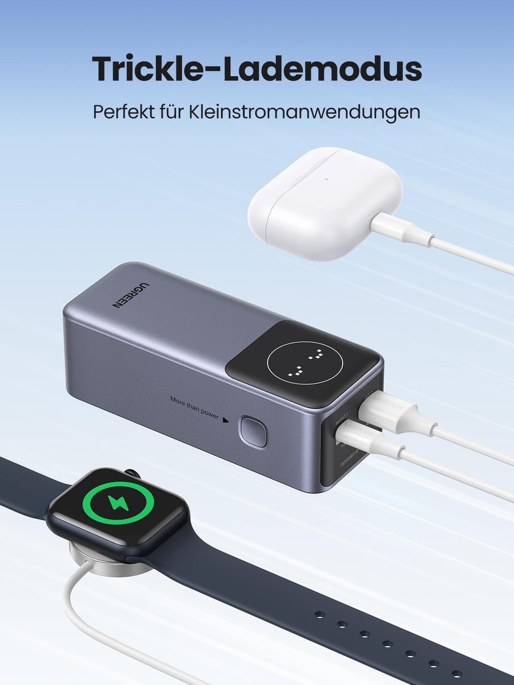UGREEN Nexode Powerbank 12000mAh 100W bietet als powerbank einen Trickle-Lademodus, der perfekt für Kleinstromanwendungen geeignet ist.