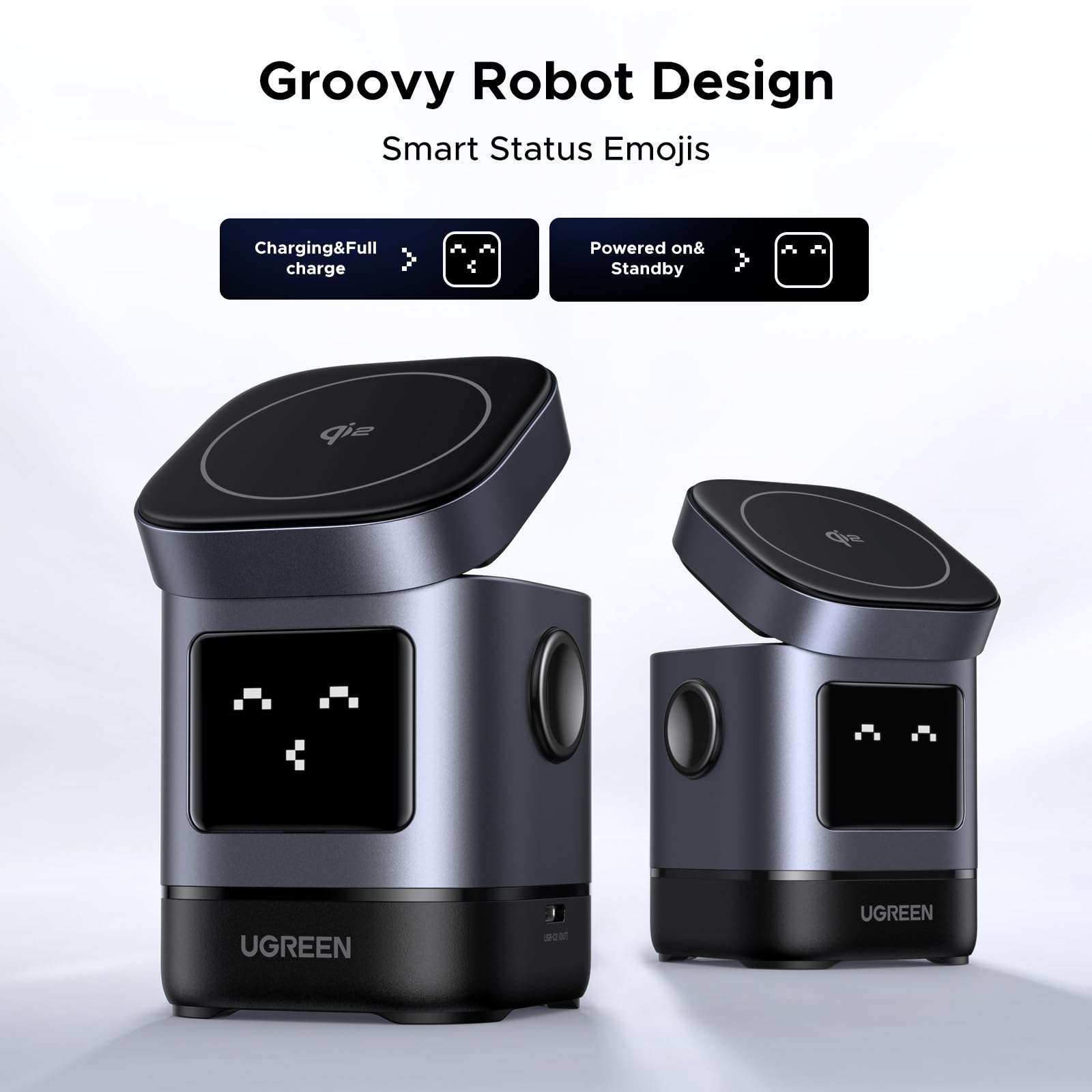 Groovy-Roboterdesign mit smarten Status-Emojis beim UGREEN Uno Magnetisches Kabelloses Ladegerät (15W, 2-IN-1), einem wireless charger, der MagSafe Geräte stilvoll und intuitiv unterstützt