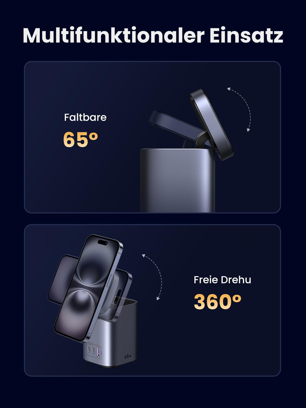 Multifunktionales UGREEN Nexode USB-C Ladegerät (65W, 4-IN-1, Qi2) mit 65° faltbarem Kopf und 360° drehbarem kabellos magnetisch Ladepad für flexible MagSafe Nutzung und komfortables Aufladen