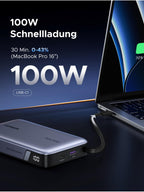 UGREEN Nexode 20000mAh Powerbank unterstützt 100W Schnellladung und lädt ein MacBook Pro 16'' in 30 Minuten von 0 auf 43 %.