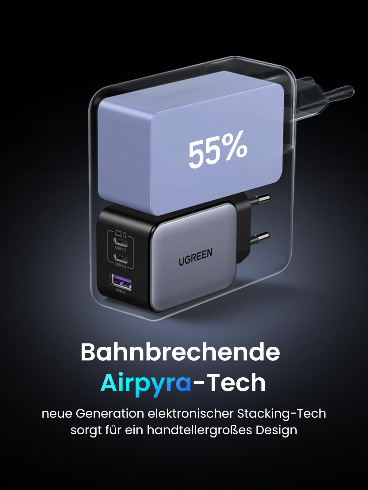 UGREEN Nexode X 65 W USB-C GaN Ladegerät (3-Ports), Bahnbrechende Airpyra-Tech