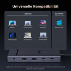UGREEN Revodok Pro Dockingstation (12-in-1, Triple Display 4K@60Hz, 100W) ist als USB-C-Hub mit zahlreichen Laptops wie Dell XPS, Surface-Modellen und weiteren Systemen kompatibel.