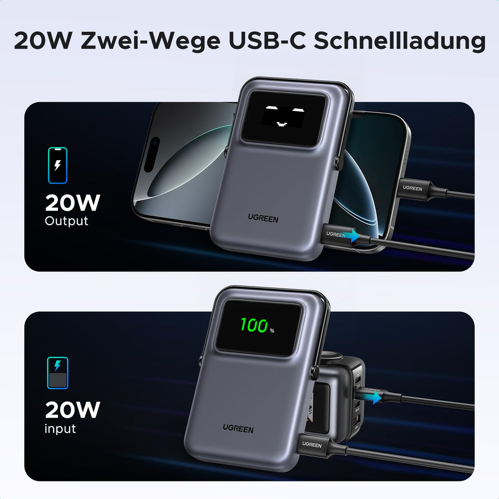 UGREEN Uno Magnetische Kabellose Powerbank (10000mAh, 7.5W, MagSafe-kompatibel) unterstützt 20W Zwei-Wege-USB-C-Schnellladung mit 20W Ausgangs- und Eingangsleistung für schnelles Laden und Wiederaufladen.