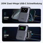 UGREEN Uno Magnetische Kabellose Powerbank (10000mAh, 7.5W, MagSafe-kompatibel) unterstützt 20W Zwei-Wege-USB-C-Schnellladung mit 20W Ausgangs- und Eingangsleistung für schnelles Laden und Wiederaufladen.
