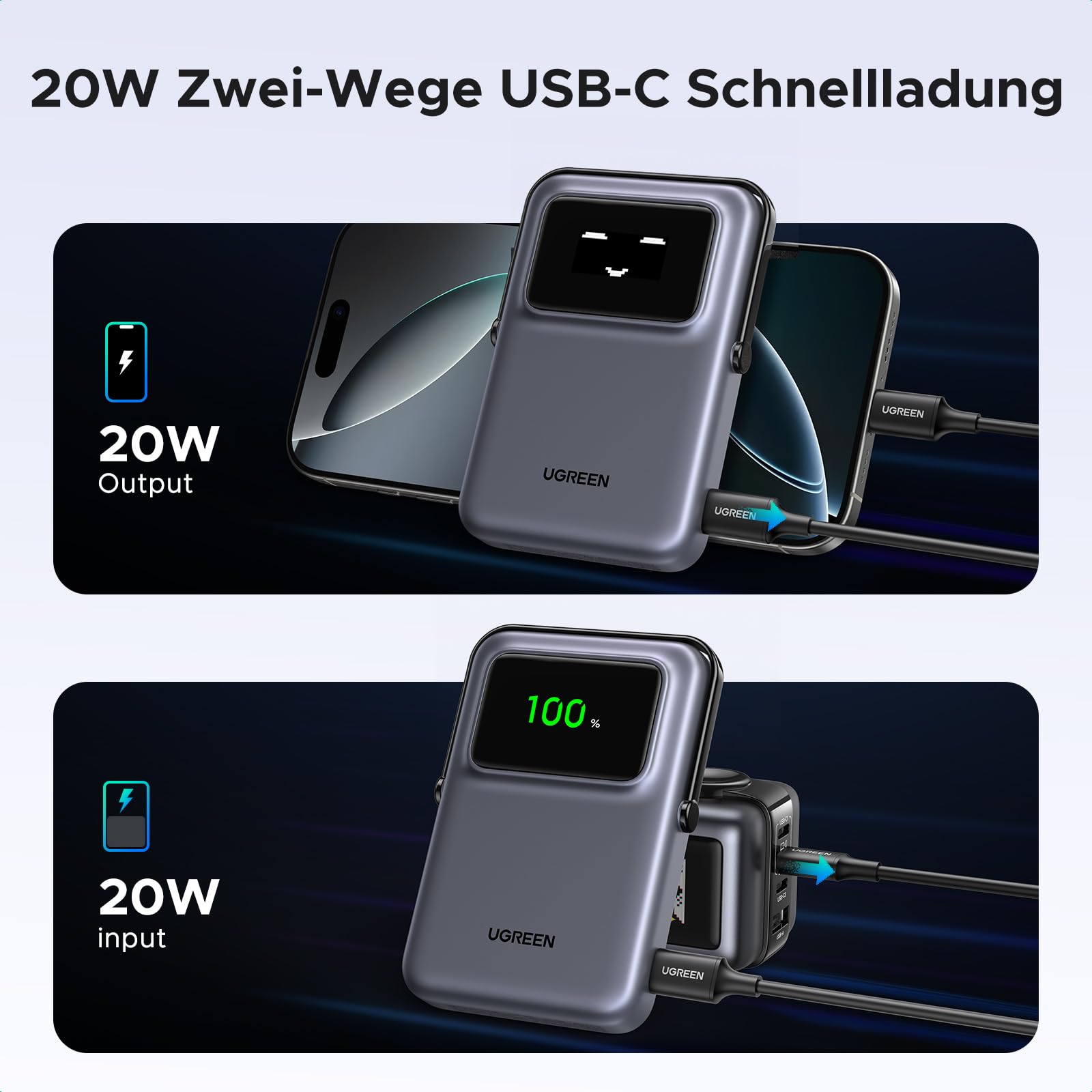 UGREEN Uno Magnetische Kabellose Powerbank (10000mAh, 7.5W, MagSafe-kompatibel) unterstützt 20W Zwei-Wege-USB-C-Schnellladung mit 20W Ausgangs- und Eingangsleistung für schnelles Laden und Wiederaufladen.