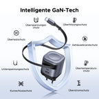 UGREEN Nexode 45W Ladegerät mit ausziehbarem USB-C-Kabel ist ein sicheres Reiseladegerät mit GaN-Technologie und Schutzfunktionen gegen Überspannung, Überstrom, Überhitzung, Kurzschluss u.v.m. – für stabiles Laden unterwegs.