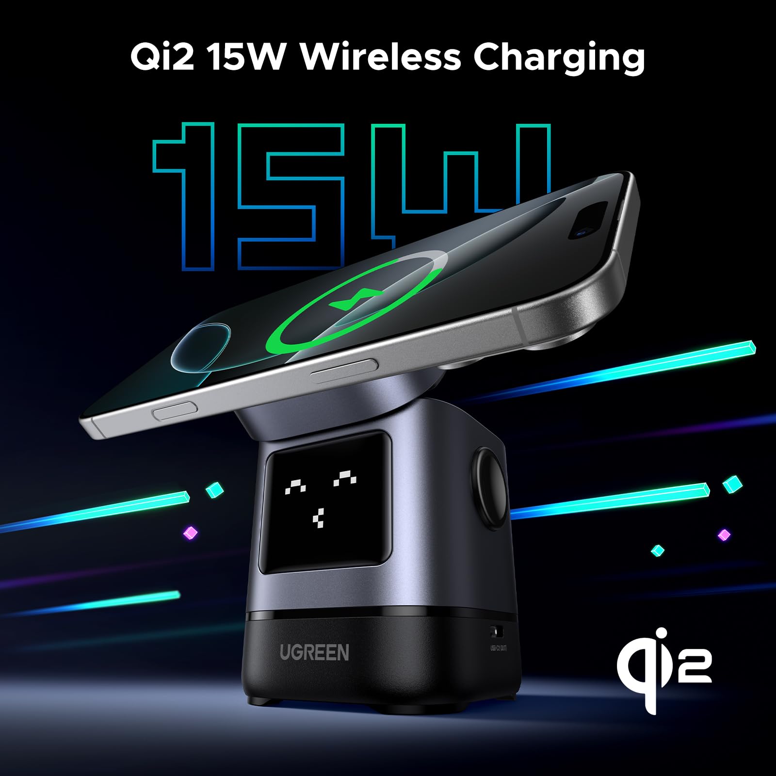 Qi2-15W-Laden mit dem UGREEN Uno Magnetisches Kabelloses Ladegerät (15W, 2-IN-1), einem wireless charger, der MagSafe-fähige Geräte für schnelles und stabiles kabelloses Aufladen unterstützt