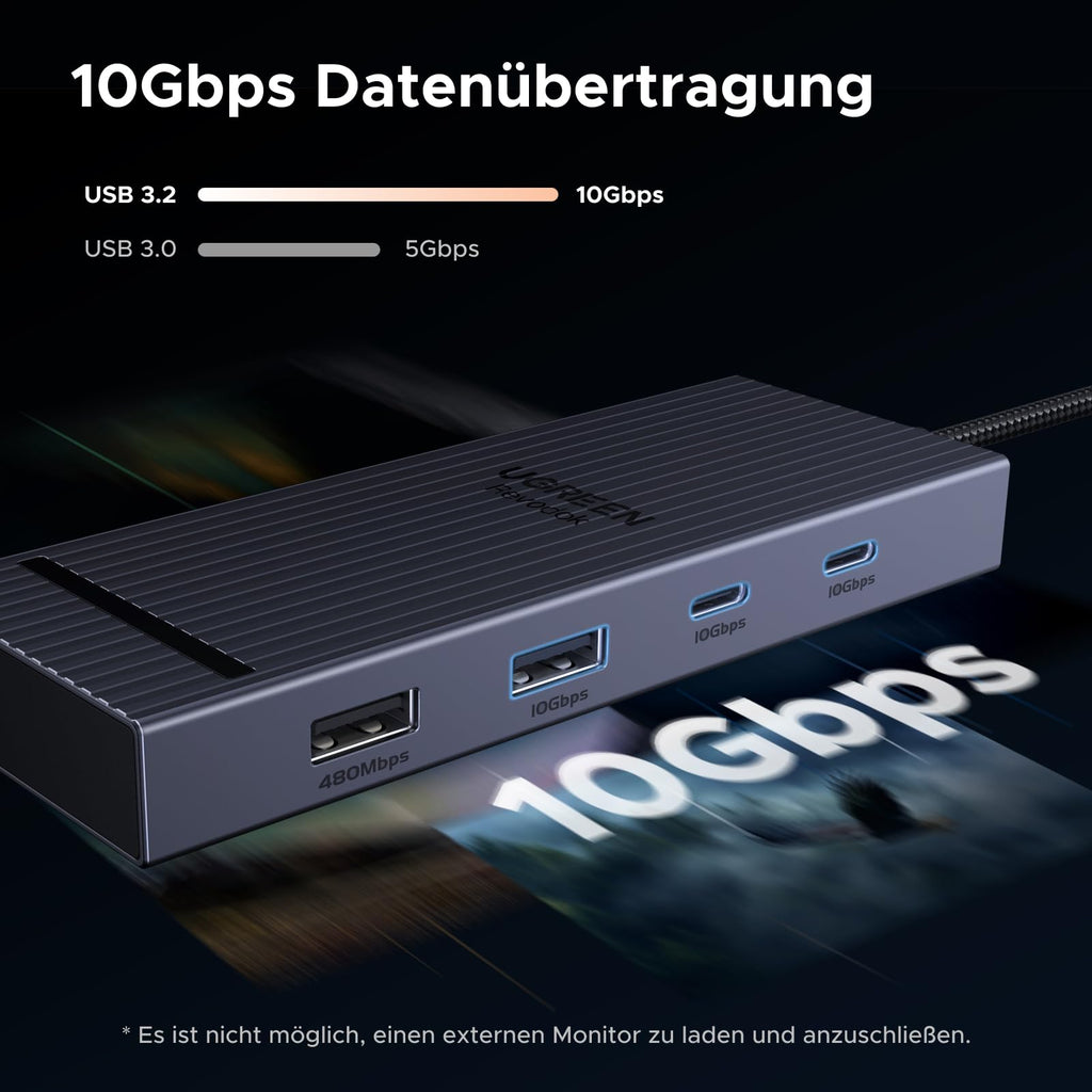 Mit 10Gbps Datenübertragung über USB-A und USB-C ermöglicht die UGREEN Revodok Pro USB-C Hub dockingstation einen schnellen und zuverlässigen Transfer großer Dateien im Arbeitsalltag.