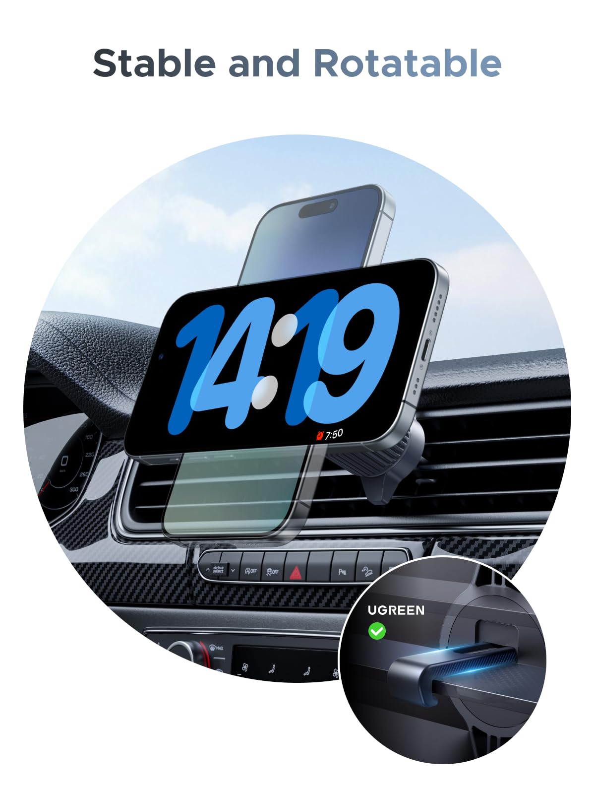 Stabiler und drehbarer Magnetkopf des UGREEN MagFlow 2-in-1 Magnetisches Kabelloses Auto-Ladegerät (Qi2 25W, MagSafe-kompatibel), einem wireless charger, der sichere Fixierung und fließende Rotation für optimale Nutzung im Auto bietet