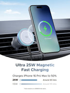25W-Schnellladen im Auto mit dem UGREEN MagFlow 2-in-1 Magnetisches Kabelloses Auto-Ladegerät (Qi2 25W, MagSafe-kompatibel), einem wireless charger, der ein iPhone 16 Pro Max magnetisch hält und in etwa 30 Minuten auf 50 % lädt