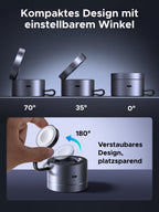 Kompaktes und verstellbares Design des UGREEN MagFlow 3-in-1 Magnetisches Kabelloses Ladegerät (Qi2 15W, MagSafe-kompatibel), einem wireless charger, der sich von 0° bis 70° neigen und auf 180° zusammenklappen lässt