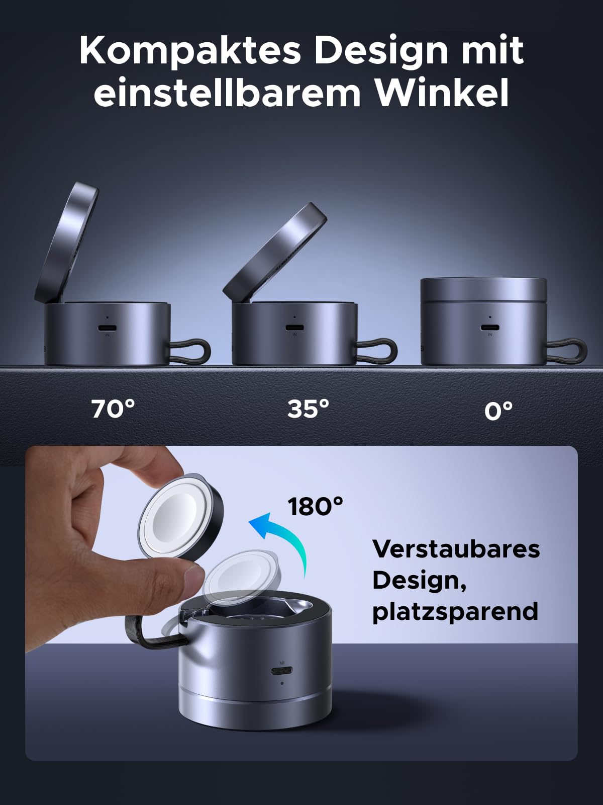 Kompaktes und verstellbares Design des UGREEN MagFlow 3-in-1 Magnetisches Kabelloses Ladegerät (Qi2 15W, MagSafe-kompatibel), einem wireless charger, der sich von 0° bis 70° neigen und auf 180° zusammenklappen lässt