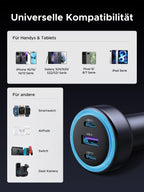 Universelle Kompatibilität des UGREEN PD Autoladegerät (30W, 3-Port, USB-C) mit Smartphones, Tablets, Smartwatches, AirPods, Switch und Dashcam, ein vielseitiges kabellos nutzbares Ladegerät mit magnetisch sicherer Verbindung